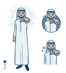 白い衣装を着たアラビア人男性が正面を指差しているイラスト - obrazy, fototapety, plakaty