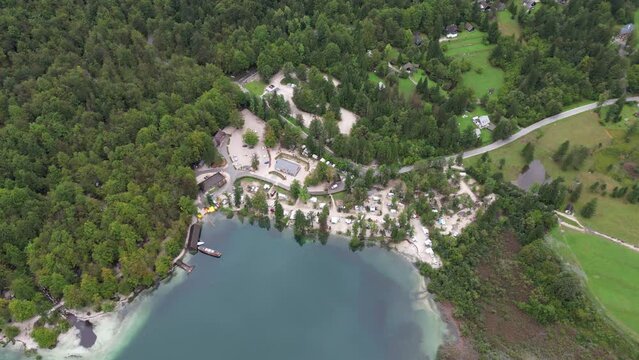 Campsite on Lake Bohinj Slovenia drone aerial view