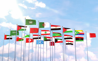 the flags of the 22 Arab countries ripple in the sky with the flag of the League of Arab States