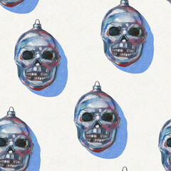 Retro Christmas Seamless Pattern. Christmas oil painting.  Tree toy pattern.  Skull seamless pattern. Christmas retro background