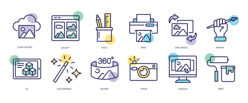 Set of linear icons with Image concept in purple, yellow on blue colors. Process of creating, editing and uploading various images. Vector illustration.