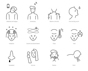 Fototapeta premium Radiation sickness symptoms, icon set, minimal line infographics. Effect of nuclear attack