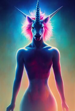 Fototapeta Hyper-realistic vertical illustration of a fantastic unicorn against the bright blue background