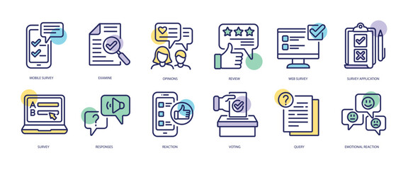 Set of linear icons with Survey concept in purple, yellow on blue colors. Icons present different types of online and paper survey. Vector illustration. - obrazy, fototapety, plakaty