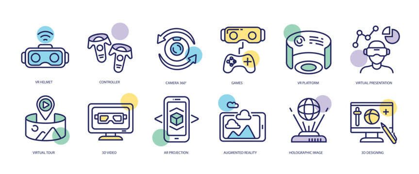 Set of linear icons with Virtual Reality concept in purple, yellow on blue colors. Image of various gadgets that help get into virtual reality. Vector illustration.