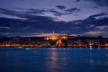 Fototapeta na wymiar Danube River at blue hour twilight in city of Budapest, Hungary,