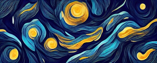 Background illustration inspired by the painting of Vincent Van Gogh - Moonlit Night. Glowing moon and starry sky abstract background. Backdrop.