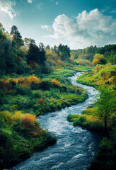 Winding river and lively trees in the mountains. Photorealistic 3d render