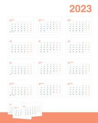 Monthly calendar grid 2023. A set of 12 pages of A5 calendar months horizontal. Vector illustration