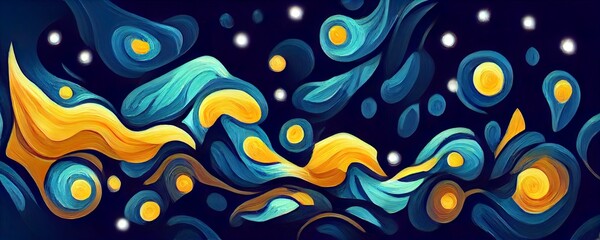 Fototapeta na wymiar Background illustration inspired by the painting of Vincent Van Gogh - Moonlit Night. Glowing moon and starry sky abstract background. Backdrop.