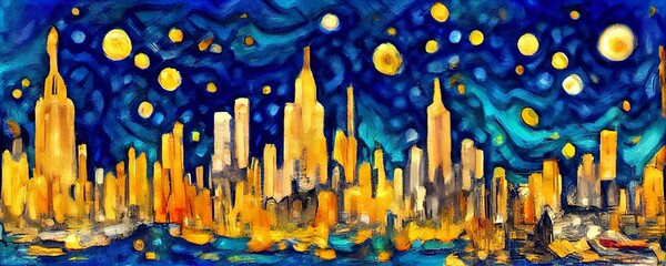 Background illustration inspired by the painting of Vincent Van Gogh - Moonlit Night. Cityscape New York. Glowing moon and starry sky abstract background. Backdrop.