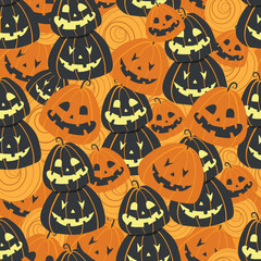 Overlapping pumpkins pattern for halloween in cartoon style. Jack O'Lantern background design for wrapping paper, wallpapers, textile and more. Black and orange tones with swirls in the background.