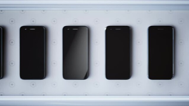 Conveyor belt with smartphones. Production line with new mobile cell phones.Loop