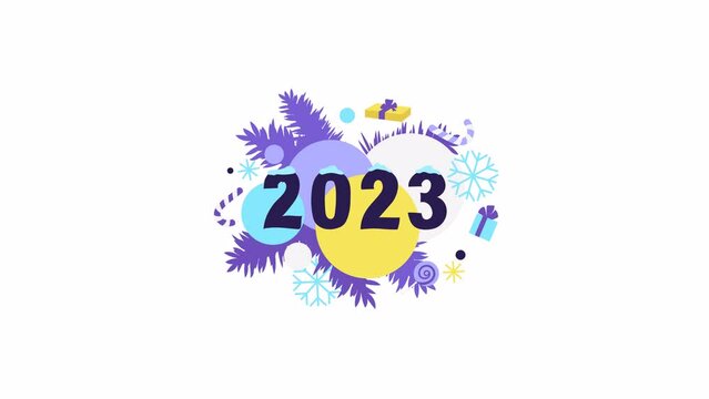 new year 2023 animation. Christmas holiday and New Year concept colorful banner. Cartoon style stock footage. Countdown timer, snowflakes, snow, gifts. date switches 2022 to 2023