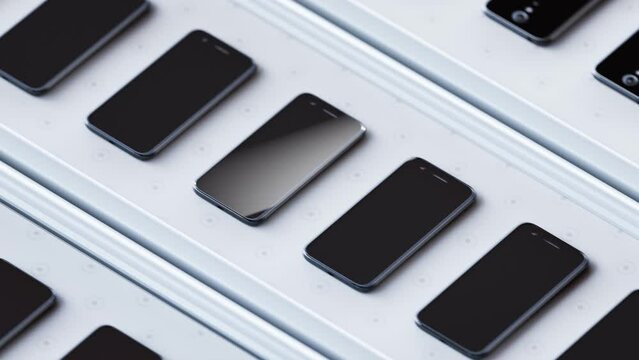 Conveyor belt with smartphones. Production line with new mobile cell phones.Loop