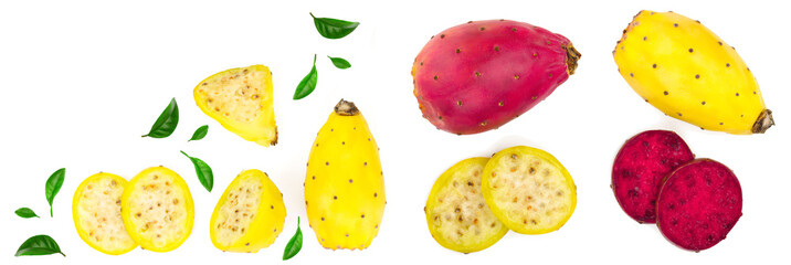 red end yellow prickly pear or opuntia isolated on a white background with copy space for your text. Top view. Flat lay - obrazy, fototapety, plakaty