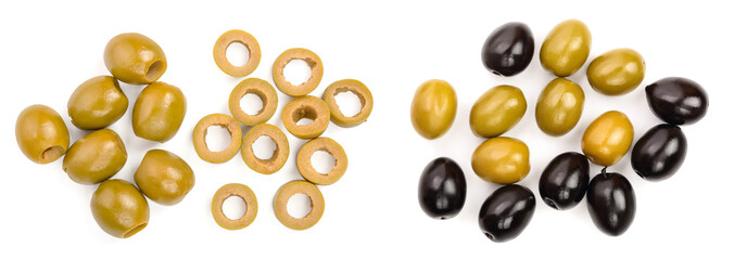 slice green and black olives isolated on a white background. Top view. Flat lay