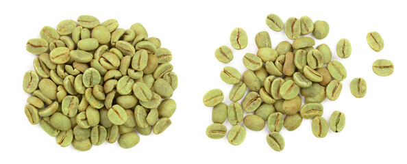 green coffee beans isolated on white background close up. Top view. Flat lay