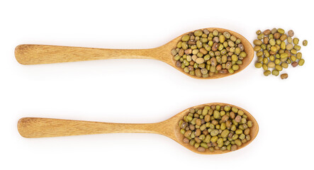 Mung beans in a wooden spoon isolated on white background. Top view