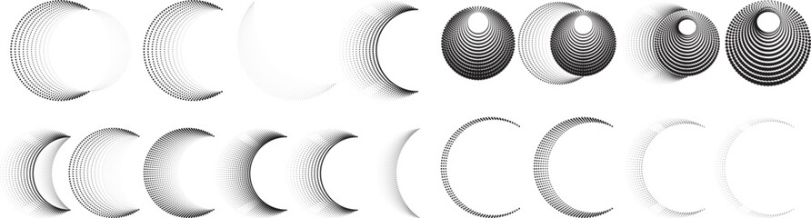 Abstract geometric circles with halftone  dots. Vector rotating dotted Line Design . Transparent design element . Concentric circles logo set .Minimal art 