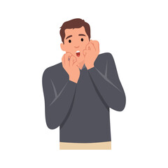 Young man shocked afraid scared and terrified with fear expression while opened mouth, hands on face. Flat vector illustration isolated on white background