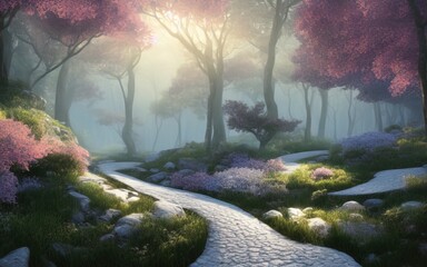 Stone path in a fantasy mystic forest. Soft sunlight, mysterious haze. Fairytale wallpaper. 3D render.