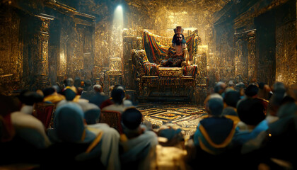 AI generated image of an ancient Egyptian Pharoah holding court in his palace, with various courtiers in attendance  - obrazy, fototapety, plakaty