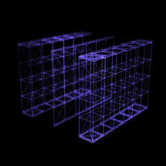 Abstract gradient lines connection in the shape of cube. Mesh square with flying debris. Global digital futuristic technology of network. 3d rendering.