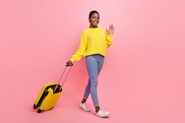 Full size profile portrait of attractive positive lady walk arm palm waving isolated on pink color background © deagreez