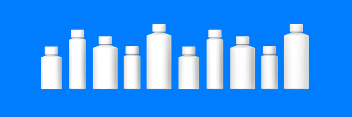 White cosmetic bottles isolated on blue background. Packaging of cosmetics. Ten containers for cosmetics. Horizontal image. Banner for insertion into site. 3d image. 3D visualization.