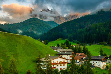 Santa Maddalena village with amazing Dolomites mountains on the background, South Tyrol, Italy
