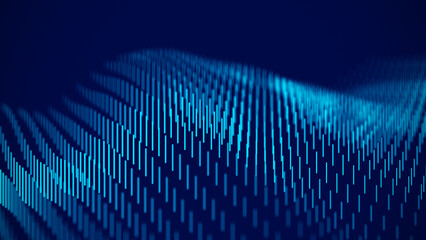 Digital wave with blue lines on the dark background. The futuristic abstract structure. Big data visualization. 3D rendering.