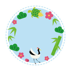 松竹梅と鶴と亀のおめでたいフレーム素材　お正月、年賀状素材　日本文化　和風素材