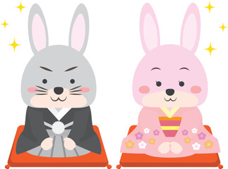 2023年　年賀状デザイン　卯年　兎　年賀状　着物　うさぎ　カップル