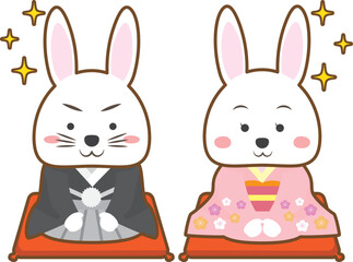 2023年　年賀状デザイン　卯年　兎　年賀状　着物　うさぎ　カップル