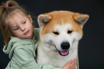 Redhead girl 4-5 years old and dog Akita Inu, child in casual clothes and a purebred dog. Portrait, copy space