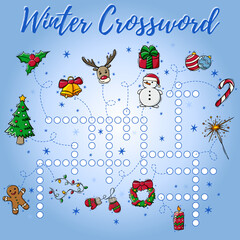 Winter or Christmas crossword. Vector education game for children. Word search puzzle. Mini-game for children.