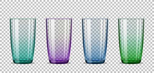 A set of colored glasses. Realistic 3D vector image on transparent background. Glassware.