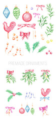 PNG transparent watercolor collection set of Christmas decorations with ribbons, baubles, holly tree with berries and mistletoe