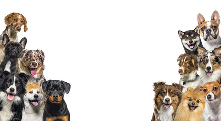 Large group of dogs looking at the camera isolated on white