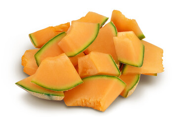 Cantaloupe melon pieces isolated on white background with full depth of field.