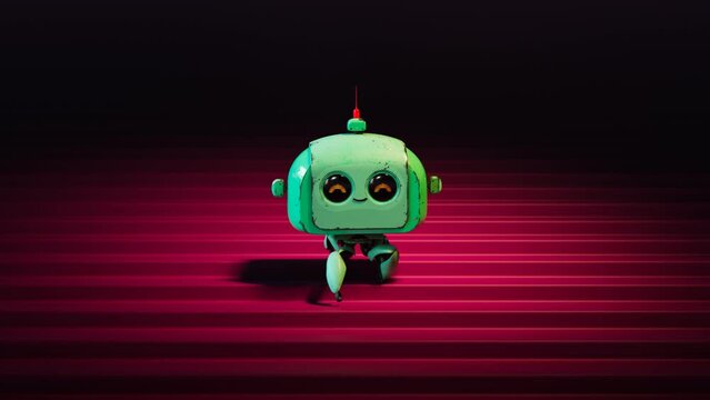 A tiny cute robot walks down the stairs with happy eyes.Seamless loop walk cycle