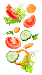 Creative layout made of tomato slice, carrot, cucumber and lettuce leaves in the air with clipping path. Food concept. Vegetables isolated on white background.