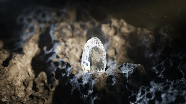 Raw crystal or diamond on the rocks in a dark cave. Shiny rough uncut gem.