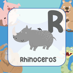 Animals alphabet flashcard for toddlers. Learning card introducing letters to children through game card. Cute animal vector design. 