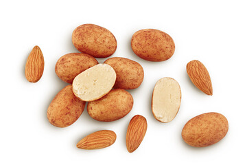 Marzipan balls or potatoes with almond isolated on white background full depth of field. Top view. Flat lay