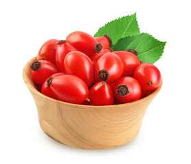 Rose hip in wooden bowl isolated on a white background with full depth of field