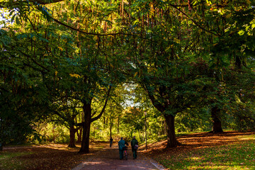 Naklejka premium Spaziergänger im herbstlichen Sonnenlicht im Werftpark in Kiel