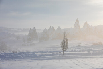 Pigeon Valley and Cave town in Goreme during winter time. Cappadocia, Turkey. 