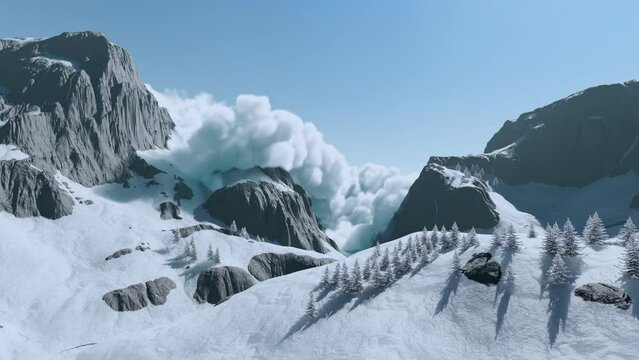 Avalanche slides rapidly down the mountainside during a day. 4K render